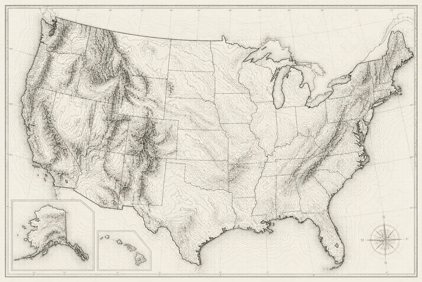 Engraved relief map of the United States