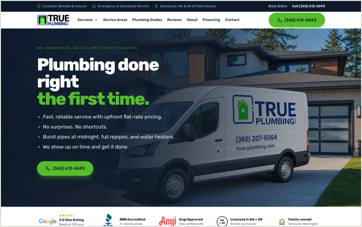 True Plumbing's homepage after the Cheers rebuild: the same van, a clear headline and one phone button