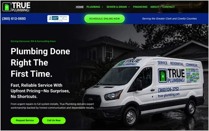 True Plumbing's homepage before the rebuild: a dark WordPress theme with neon-green buttons