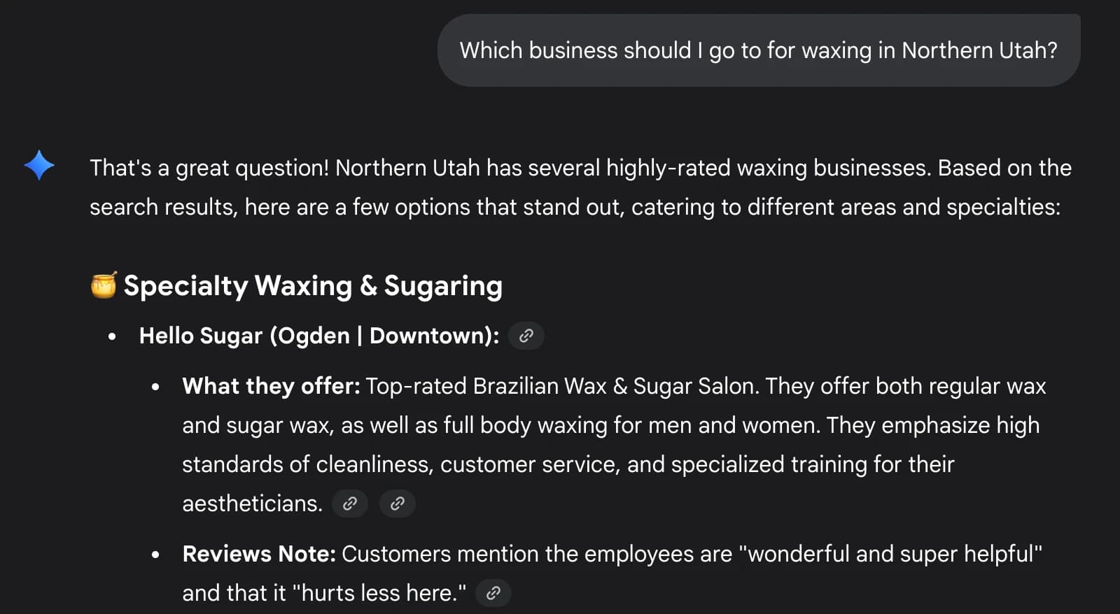 Google Gemini recommending Hello Sugar for waxing