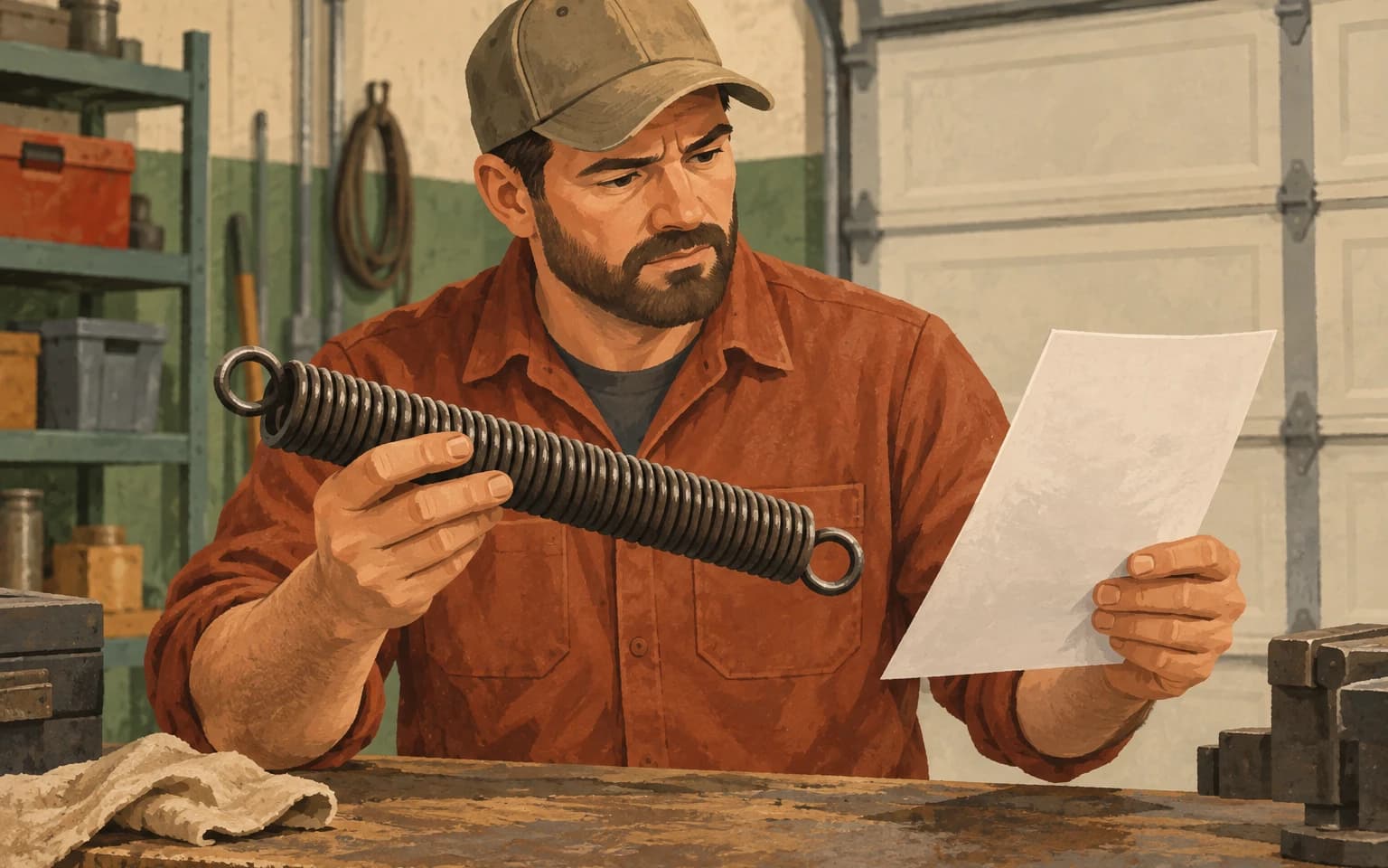 Editorial illustration of a service manager checking a part