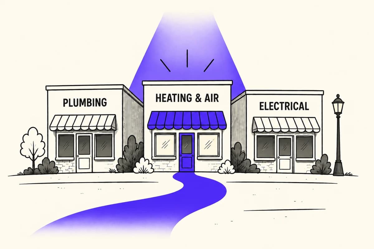 Three illustrated service businesses, with a purple path leading to one storefront.