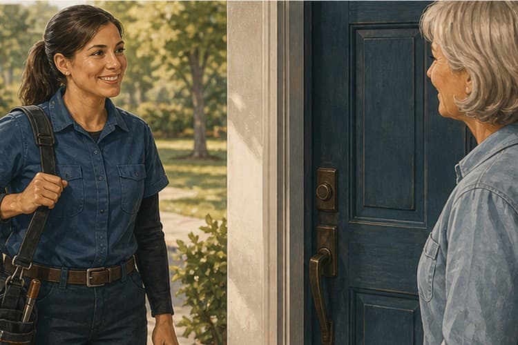Technician arriving at a homeowner's front door after a local service recommendation