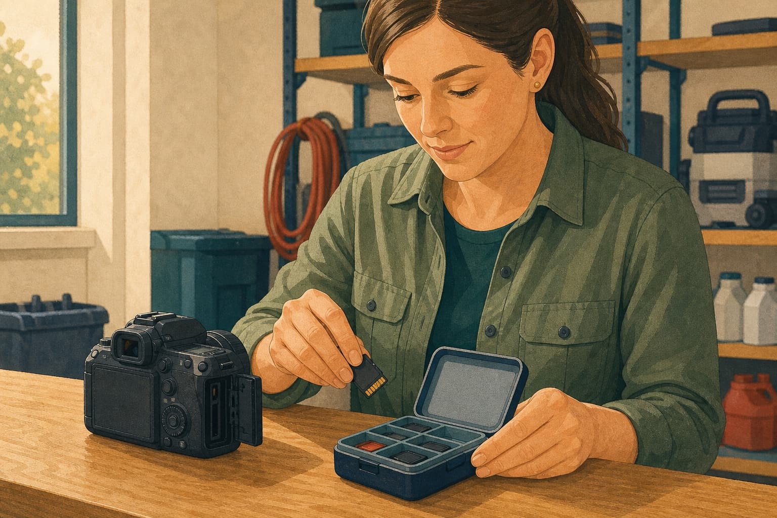 A branch operations coordinator removes a memory card from a camera and places it in a labeled organizer, representing the handoff between field capture and a controlled asset record.