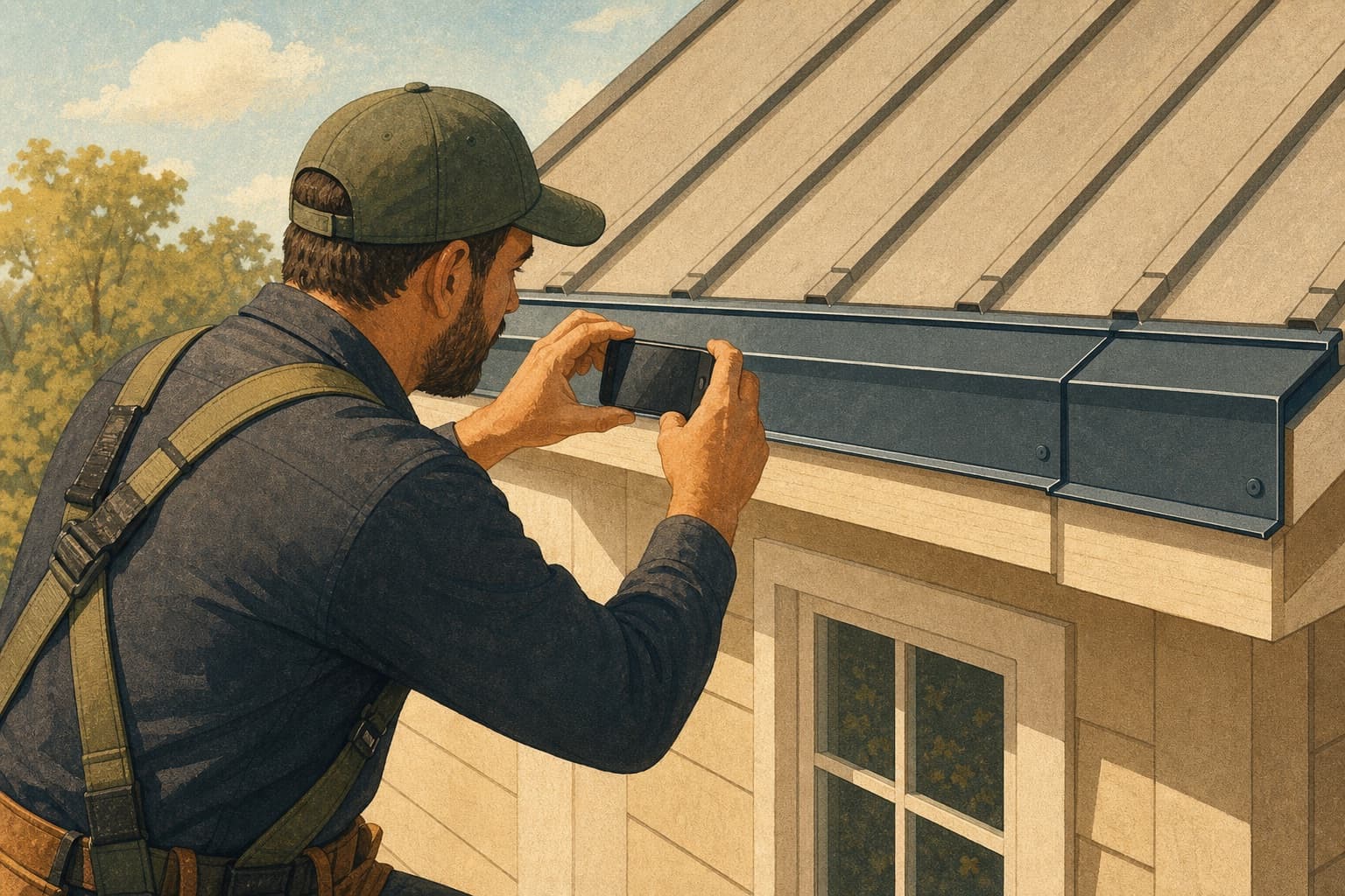 A roofing technician photographs finished metal flashing after a real repair, representing the kind of original field documentation an affected branch can preserve before policy review.