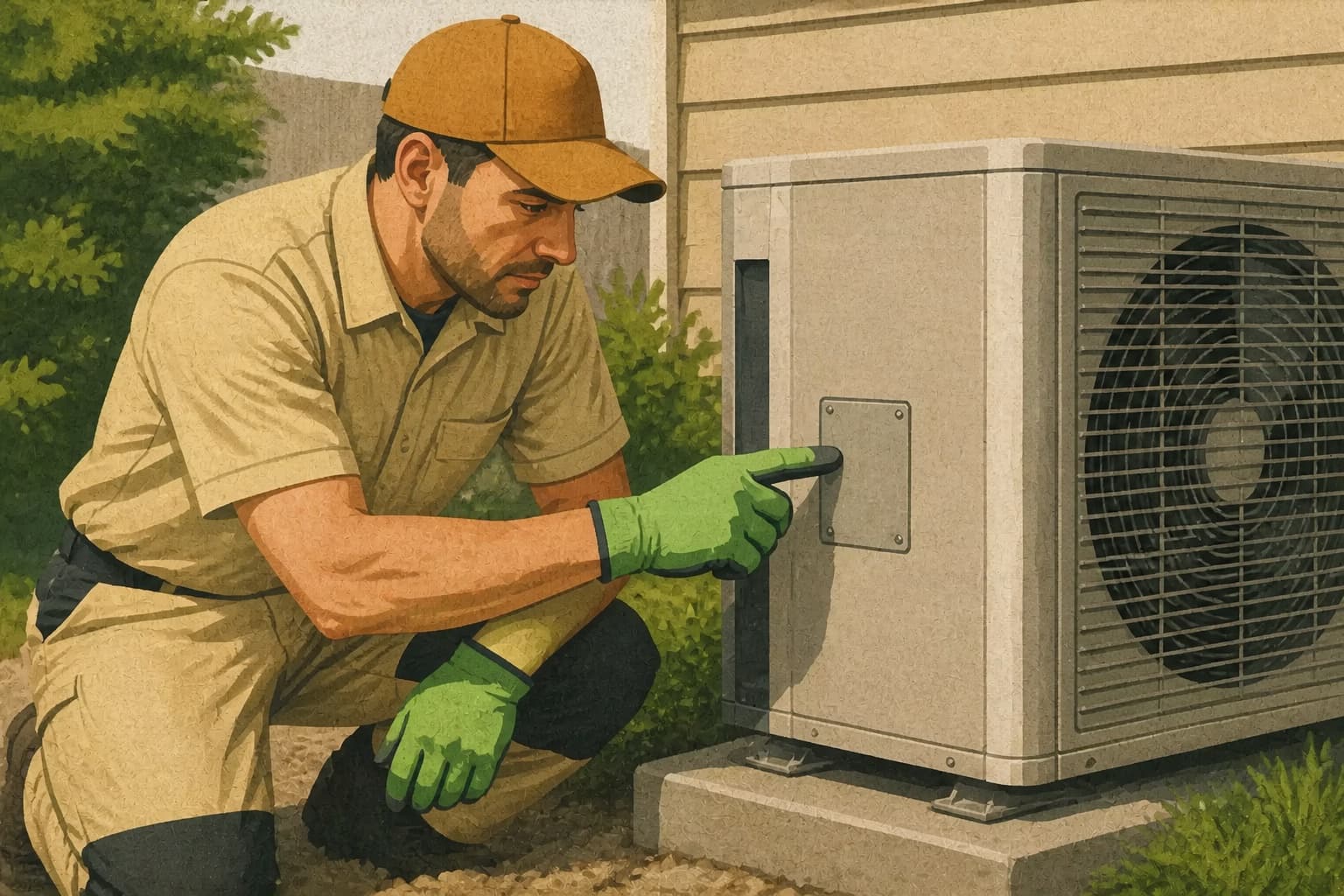 HVAC field supervisor checking the equipment plate on a residential heat pump