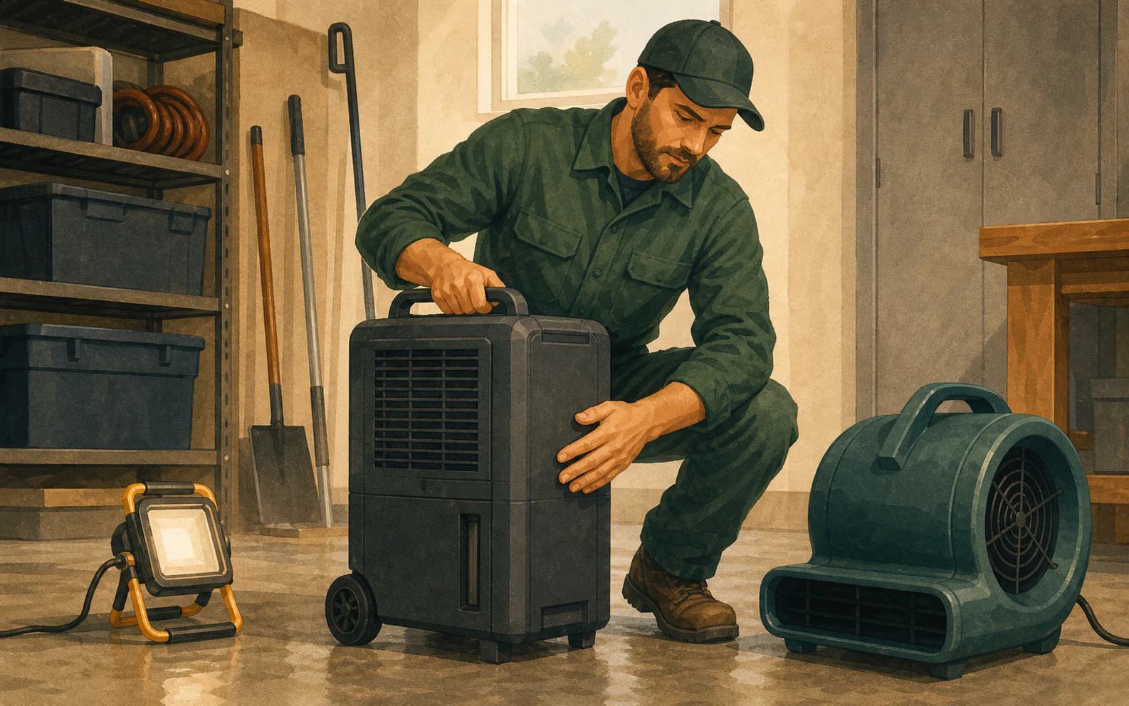 Restoration crew lead setting up drying equipment, illustrating how competitor misses often point to missing service proof at the branch level.