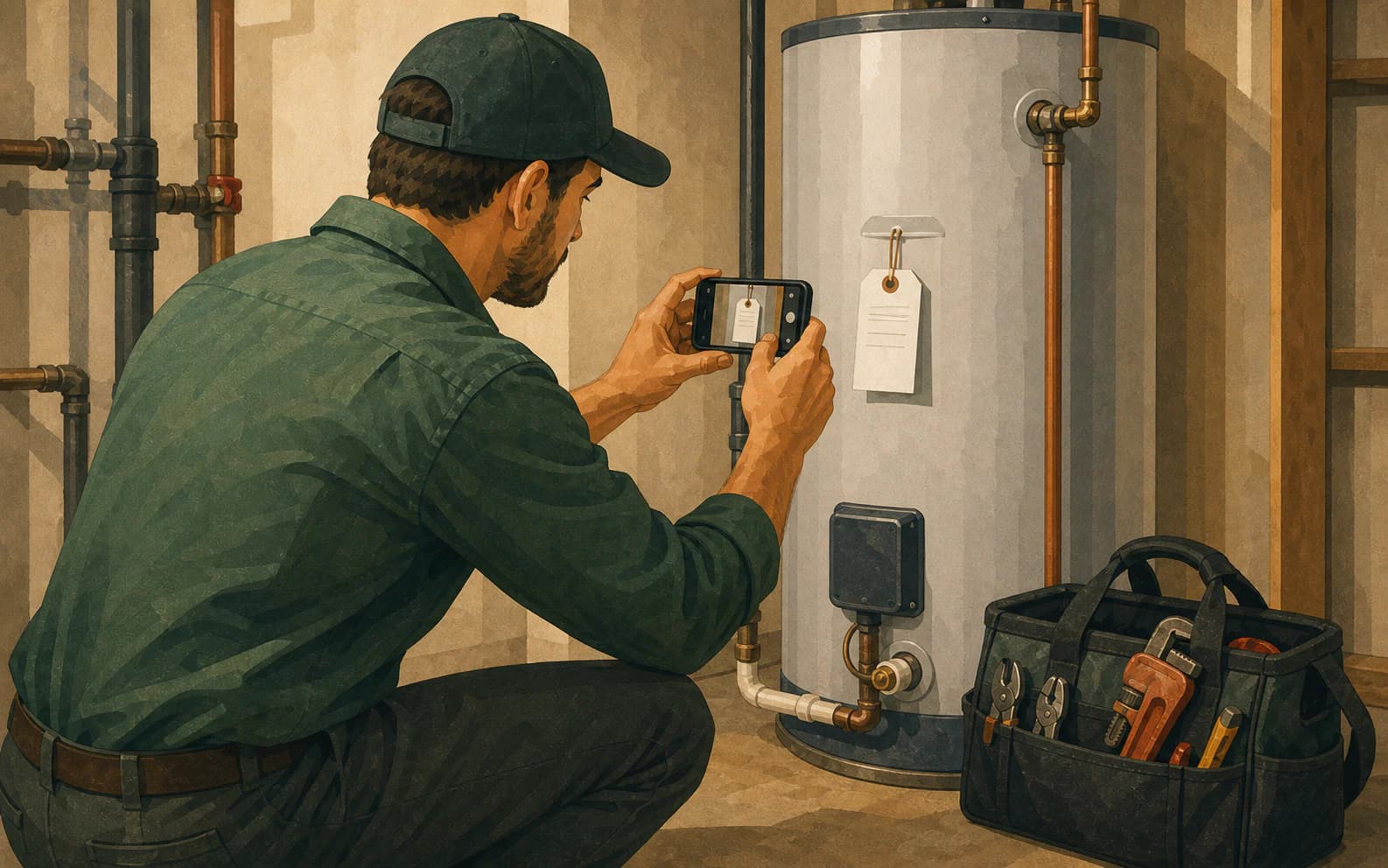 Plumbing technician photographing a completed water heater repair tag, showing how real job proof can close the evidence gap behind competitor recommendations.