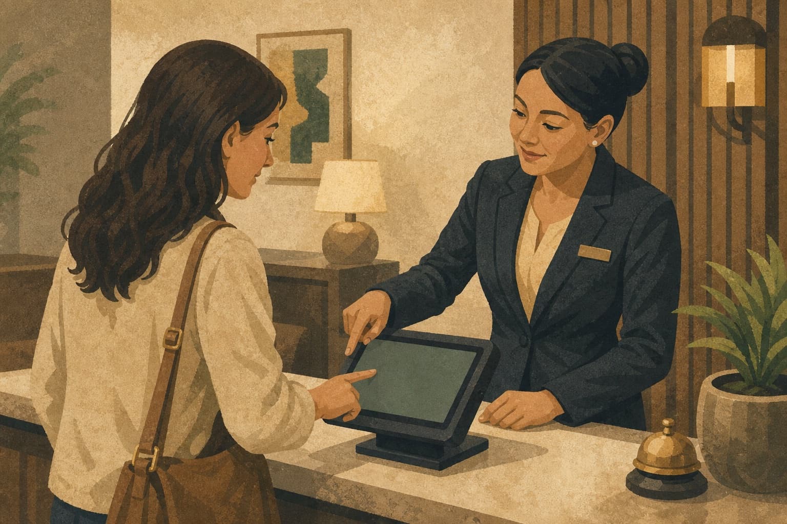 A hotel front-desk manager and guest confirm one reservation handoff on a simple booking terminal.
