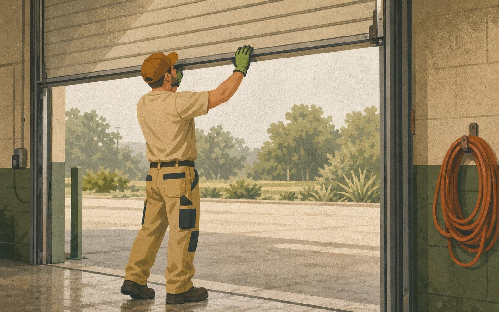 A garage-door service branch employee opens a real service bay at the start of the operating day.
