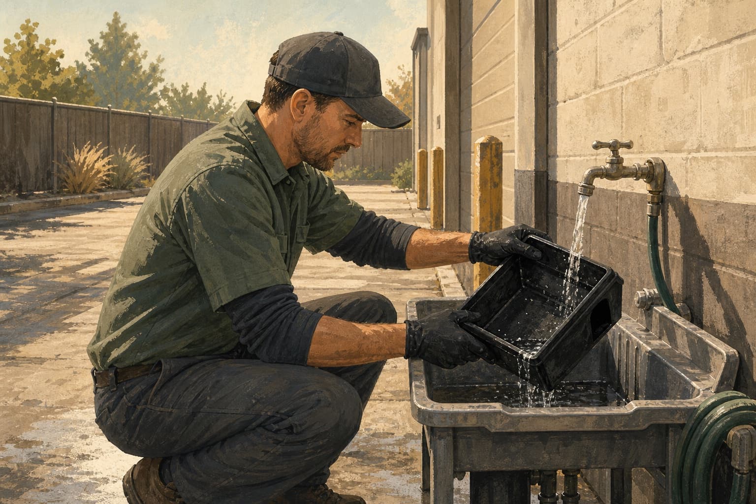 A pest-control technician cleans one reusable bait station at the real branch service yard.