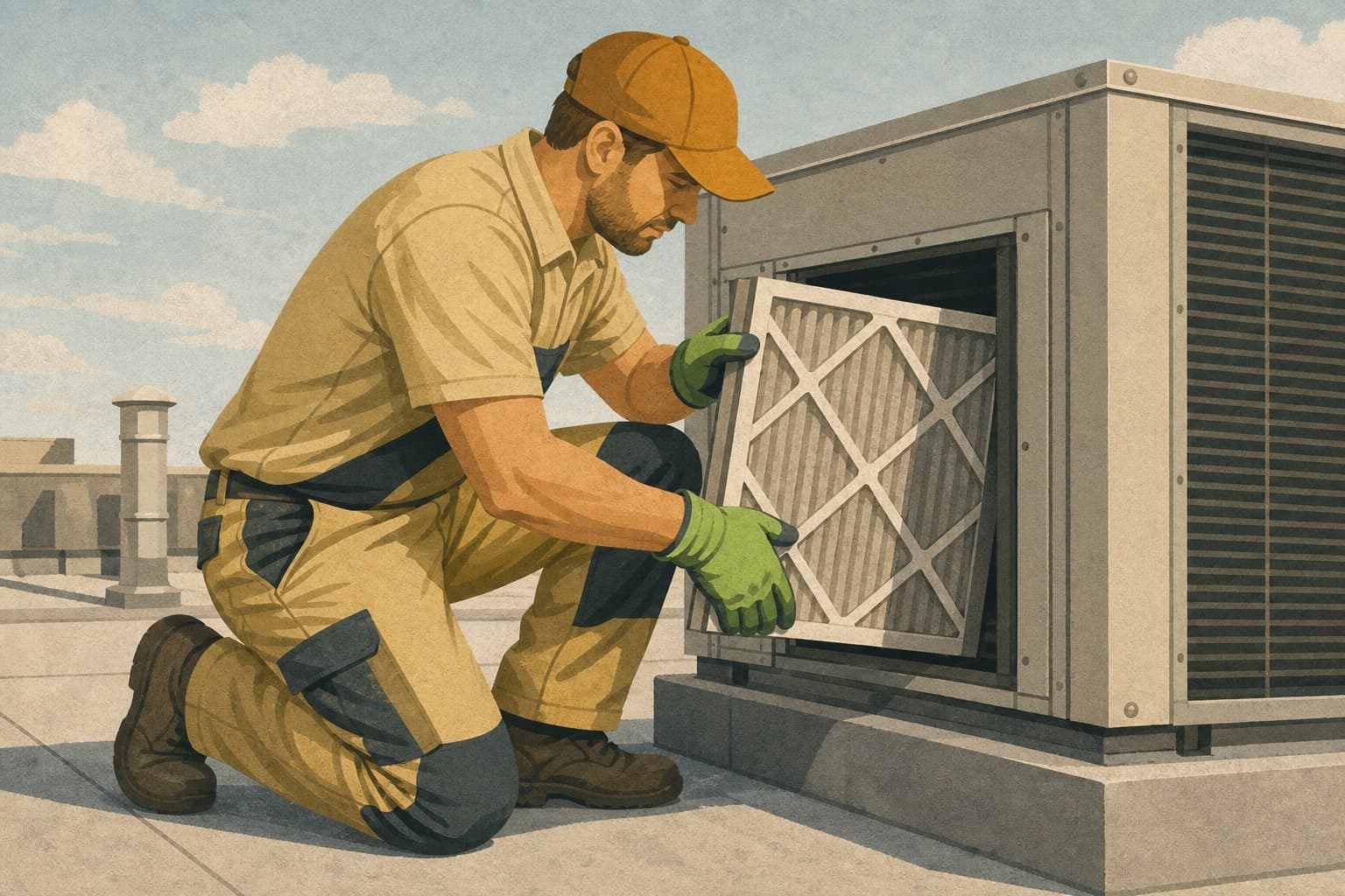 An HVAC technician replaces a rooftop filter, representing the real local operation that organic Apple place cards and location facts should describe.
