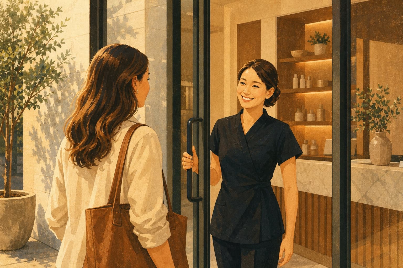 A med-spa receptionist welcomes a customer at a real street-facing location, illustrating why Apple Maps policy review depends on the exact service and place.