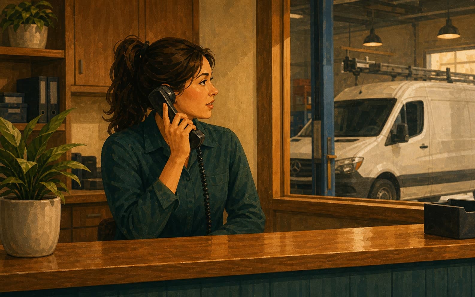 A dispatcher taking a service call from a warm service office.