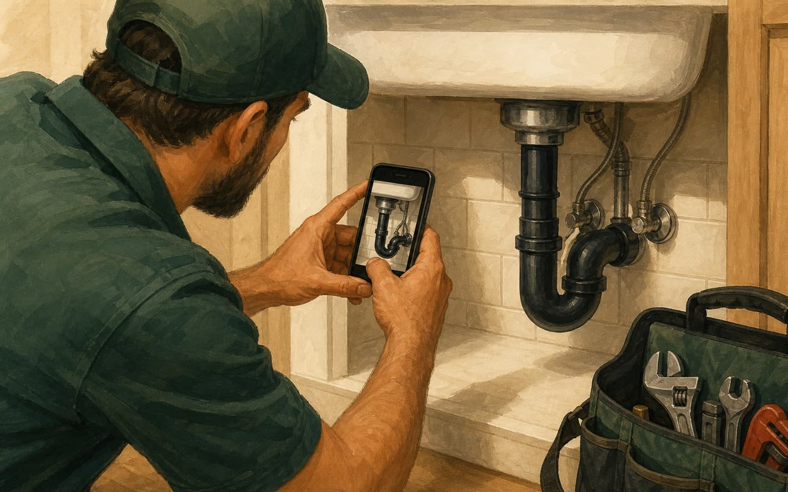 A plumbing technician documenting a finished under-sink repair.