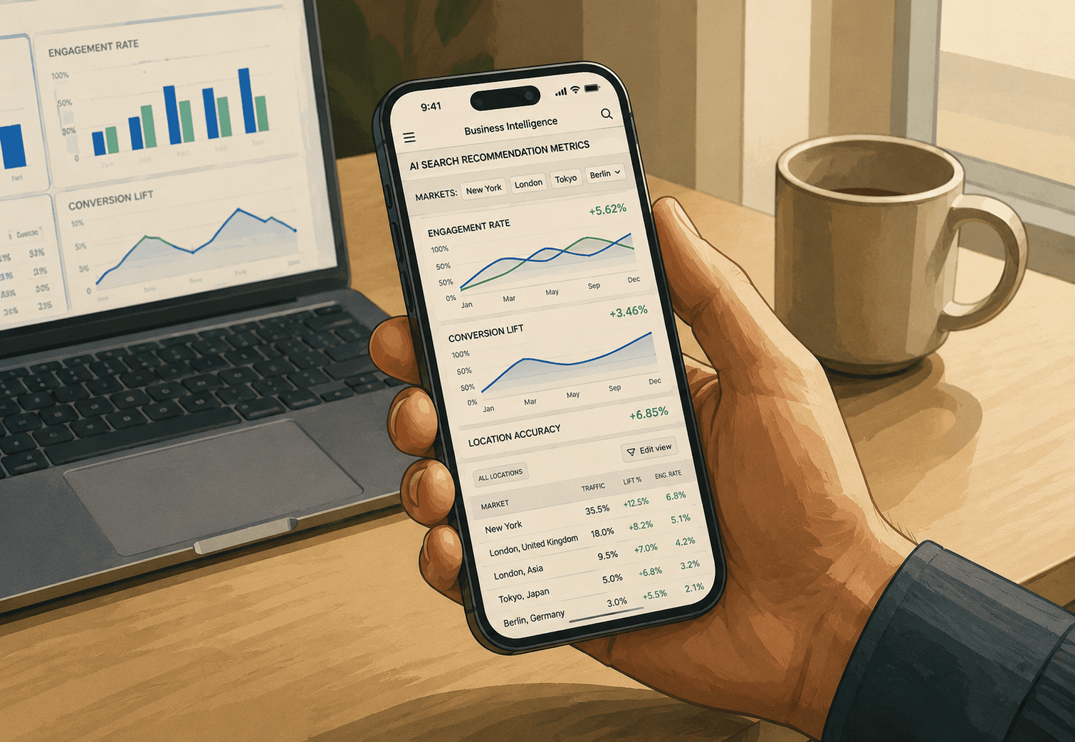 Dashboard showing location-level AI search recommendation metrics across multiple markets