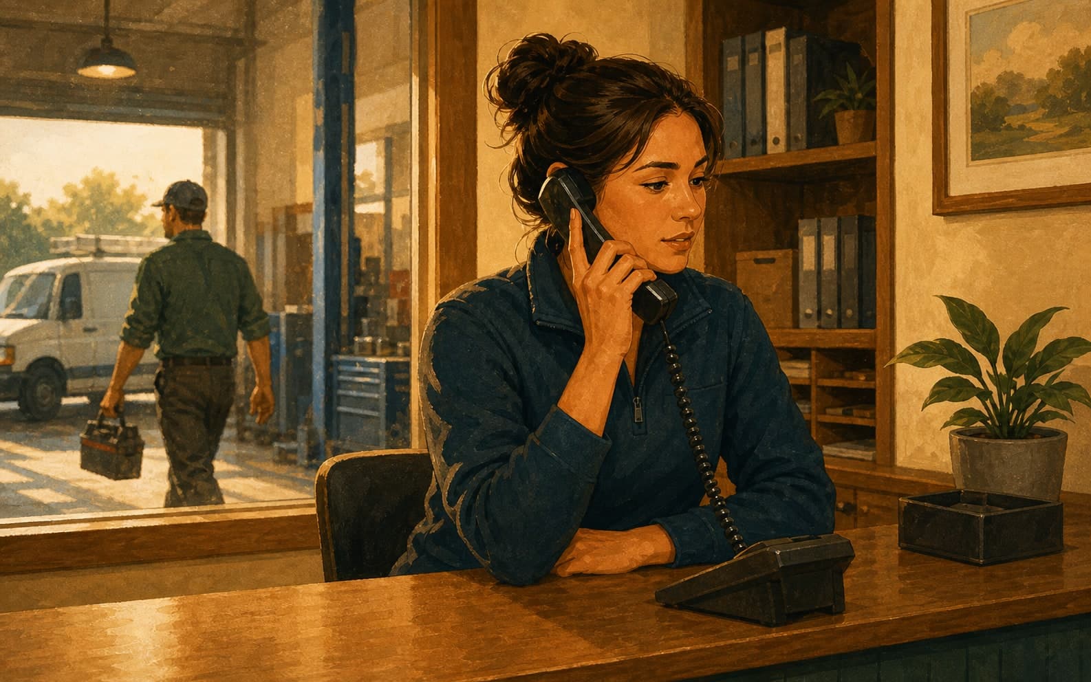 A service dispatcher taking a review follow-up call from a quiet home services office.