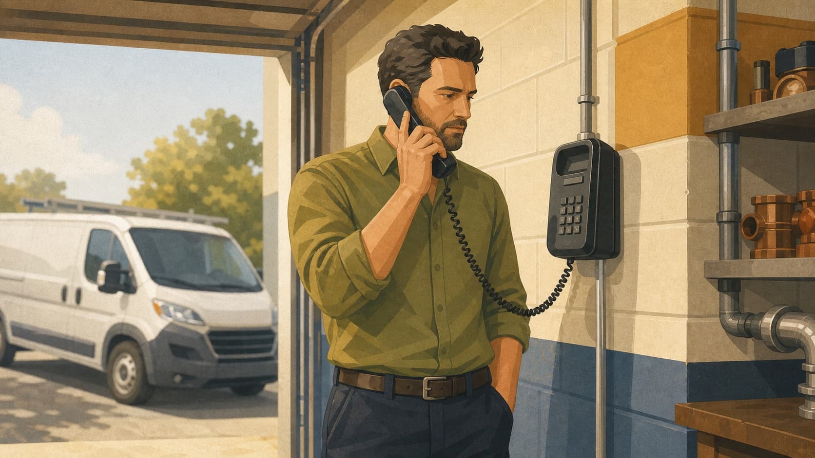 A plumbing branch operator tests the public phone route from the service bay.