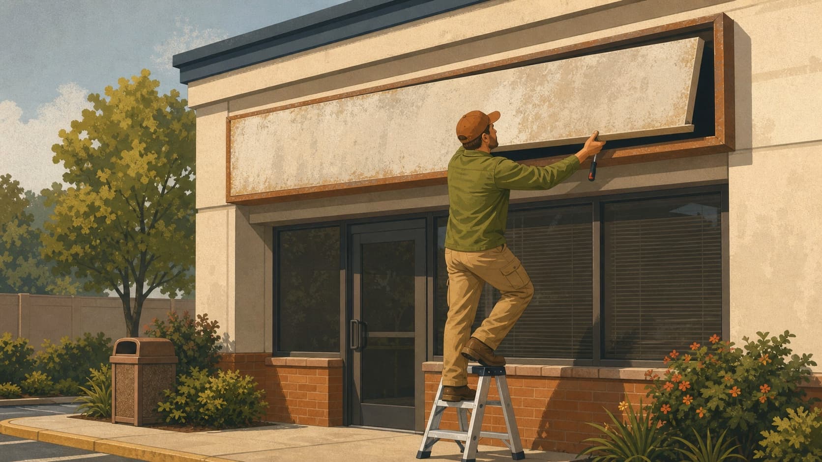 A regional operator removes the last public sign from a former service branch during location cleanup.
