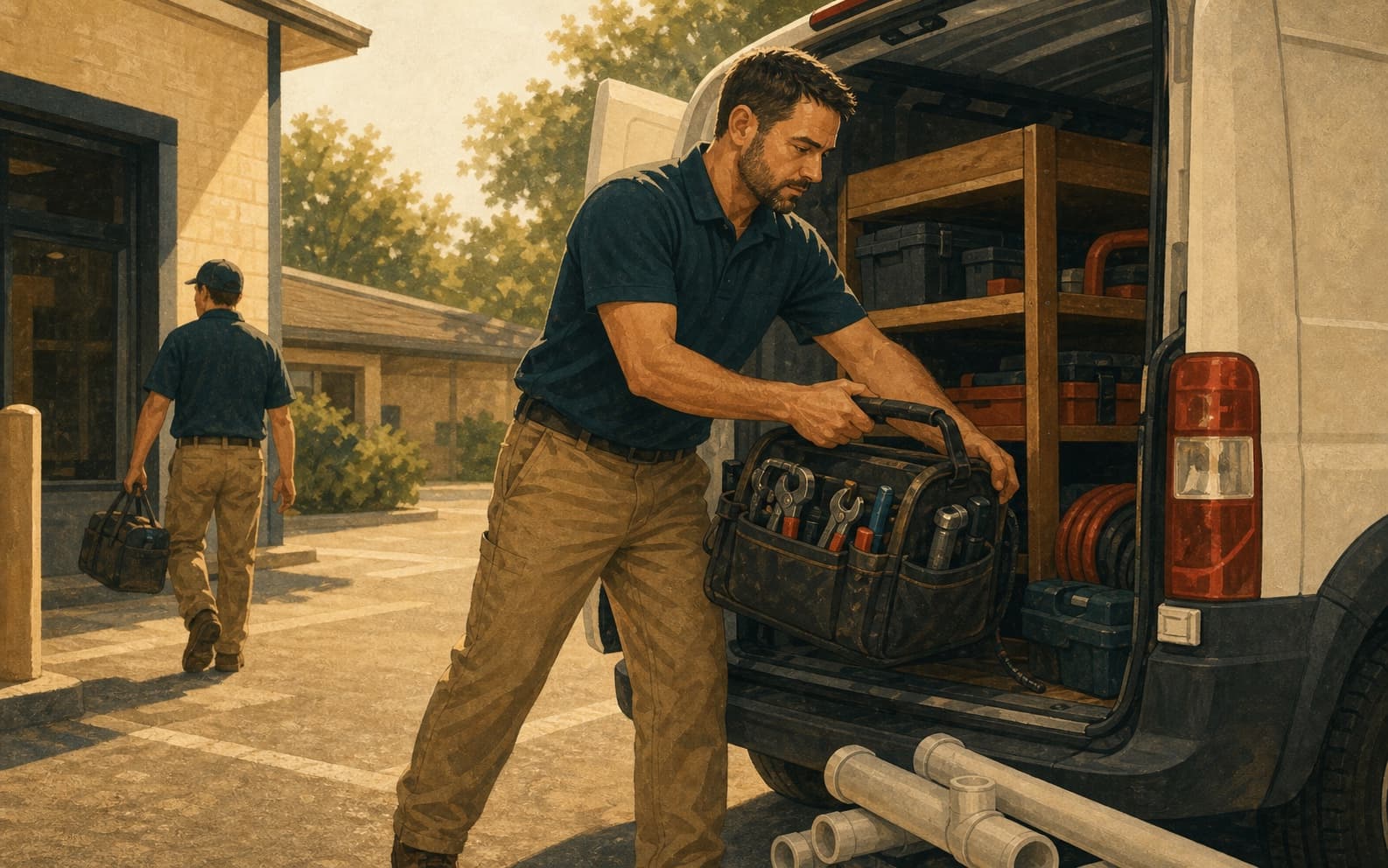 A plumbing crew loading equipment into an unbranded service van shows the operational proof a city page should be able to explain.
