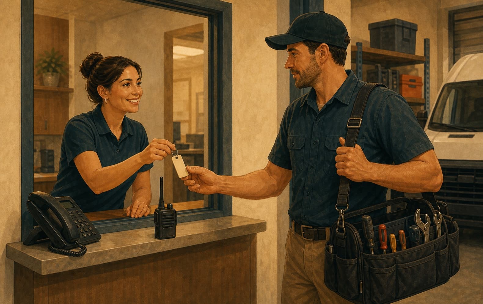 A dispatcher handing off the right job shows why booking flows need branch and service context.