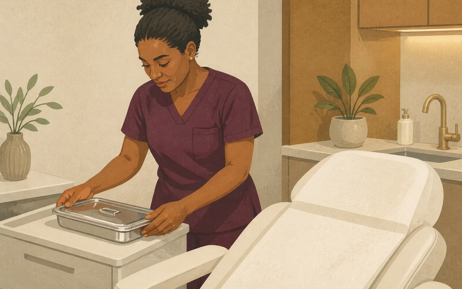 A med-spa practitioner places a sealed instrument tray beside a prepared treatment chair, representing a service detail customers can verify for themselves.