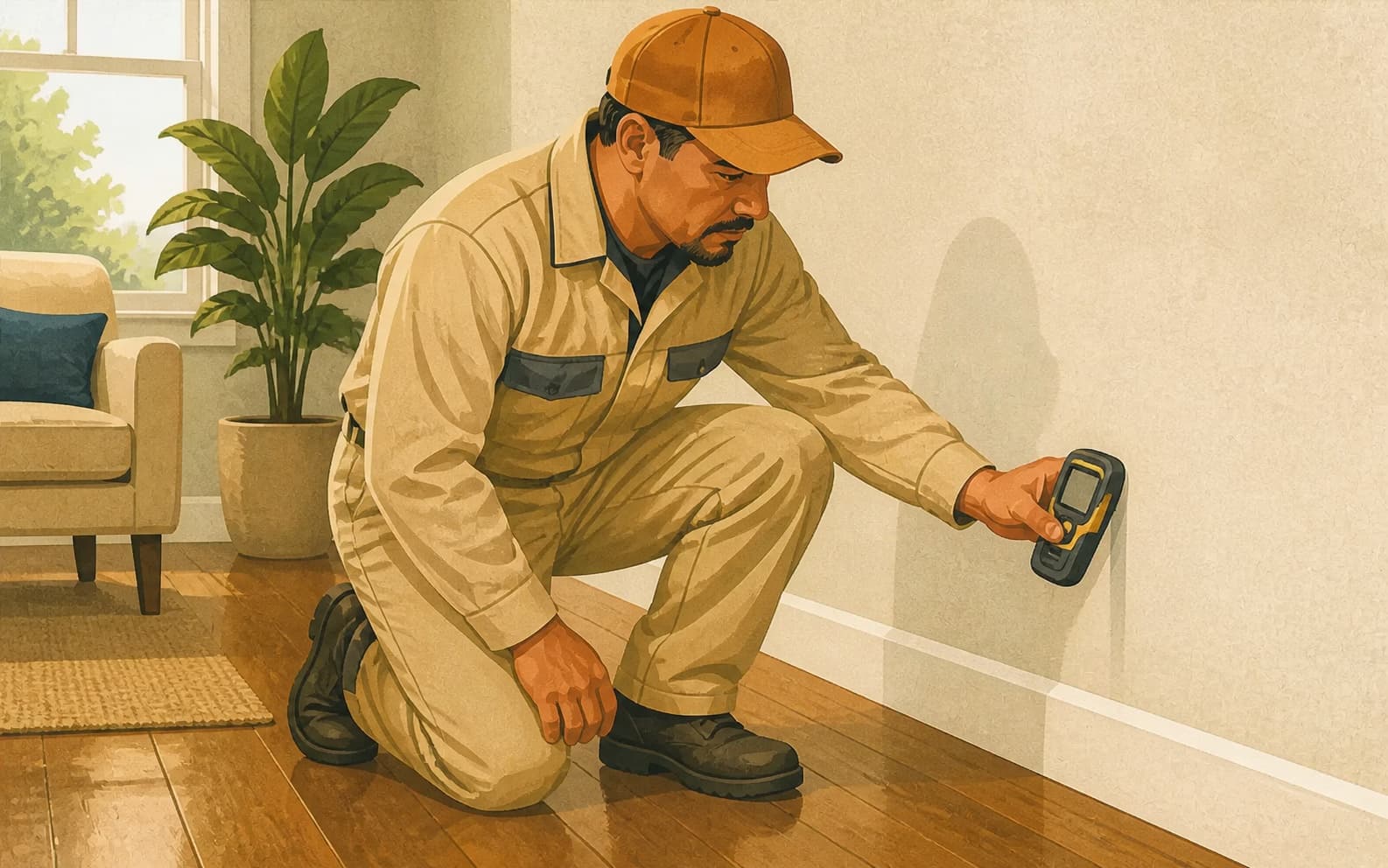 A restoration technician checks a completed room with a moisture meter, representing the operational readback behind a trustworthy customer theme.