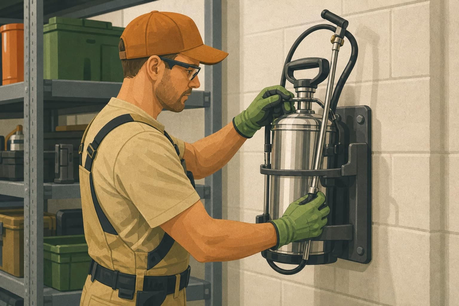Pest-control technician securing treatment equipment at a new service warehouse.