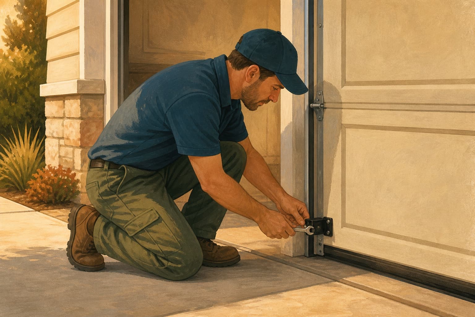 Garage-door technician tightening a safety-sensor bracket