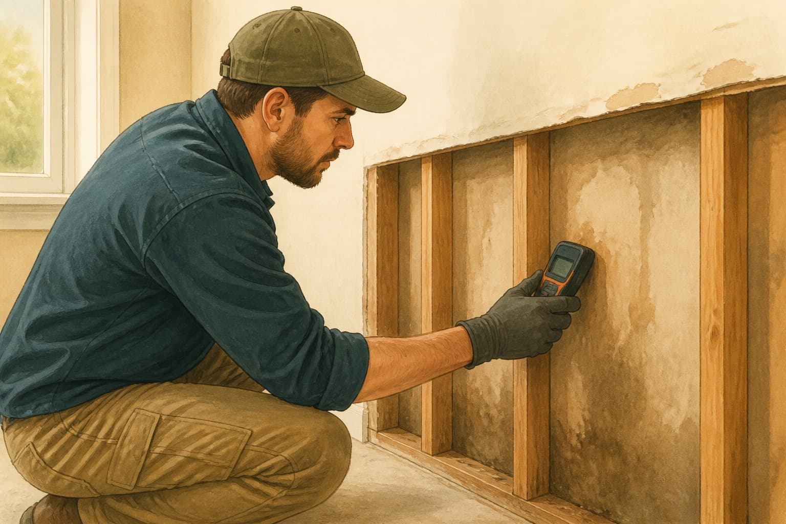 Restoration technician inspecting a water-damaged wall