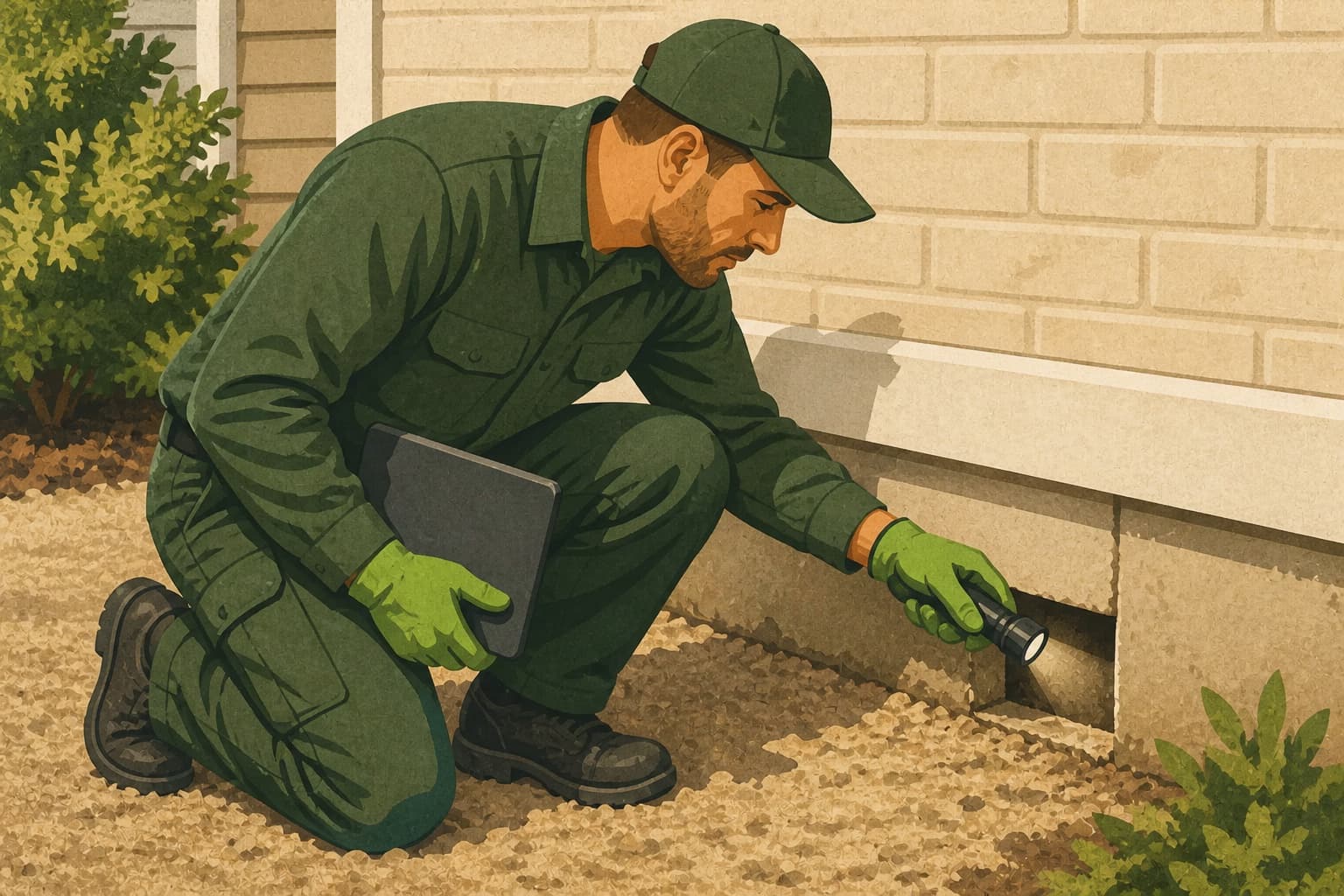 A pest-control inspector checks the exact service condition at a home before the location is treated as eligible for a local quote request.