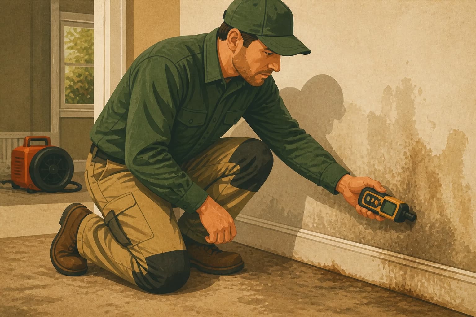 A restoration estimator verifies water damage at the property, the operating reality a completed quote request must reach.
