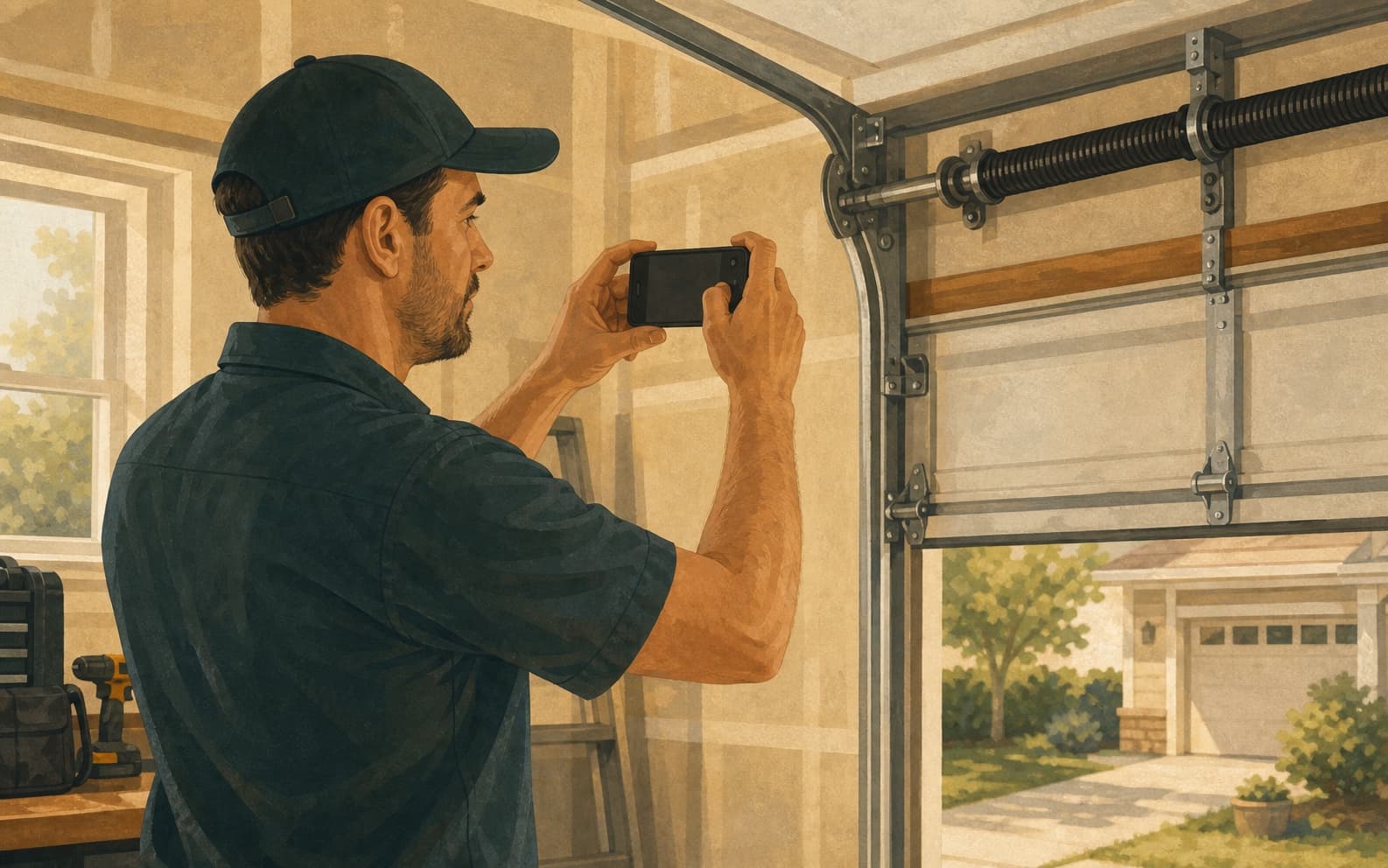A garage door technician documenting a completed repair shows how job photos can prove a real service instead of decorating a page.