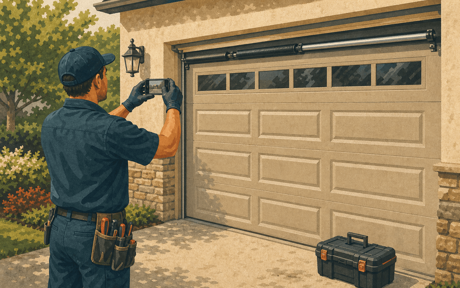 Garage door technician photographing a completed repair, showing how field proof can become a stronger source for AI search audits.