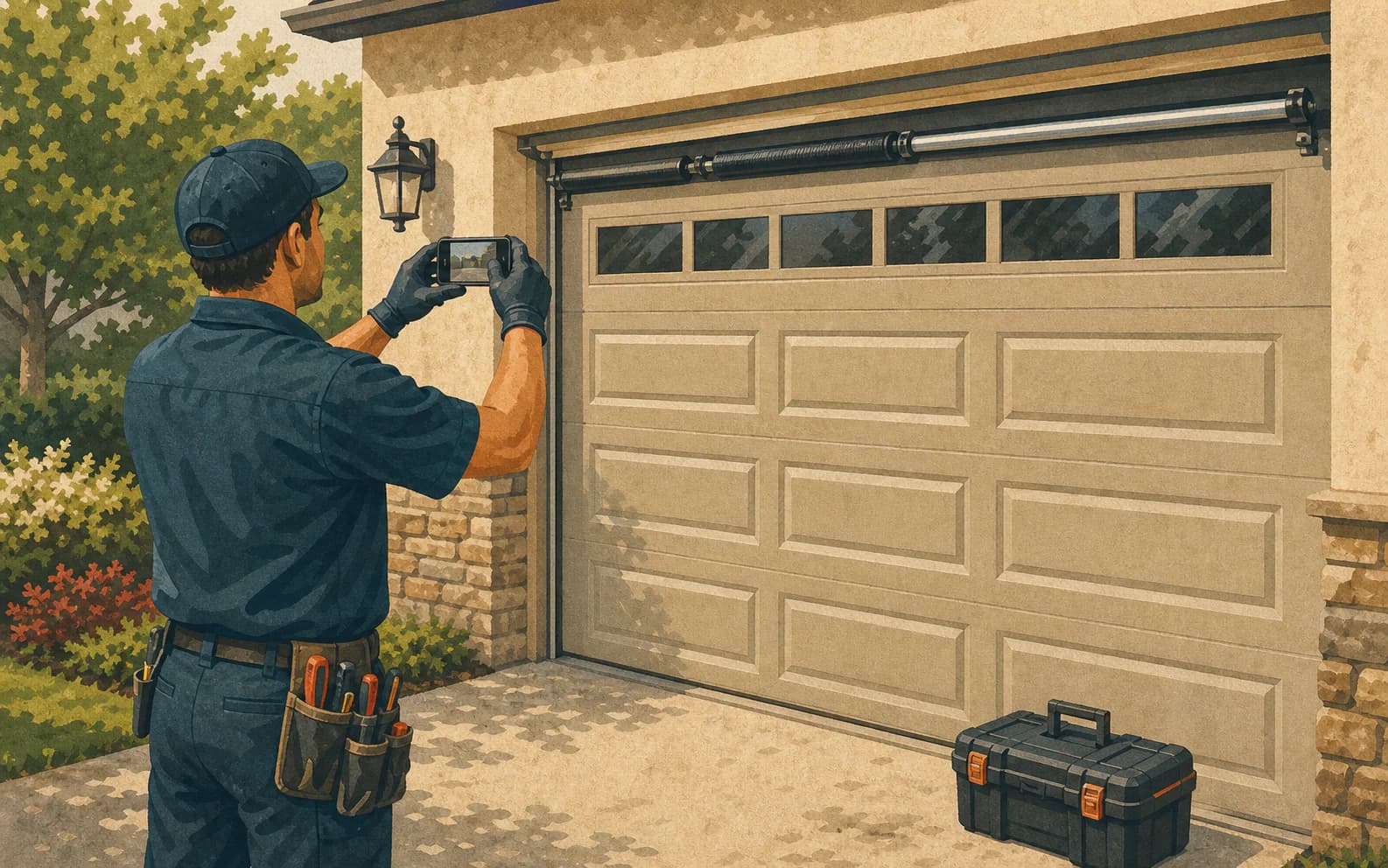 Garage door technician photographing a completed repair, showing how field proof can become a stronger source for AI search audits.