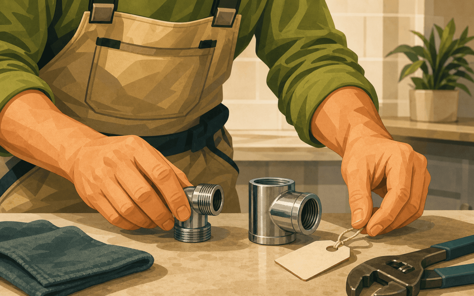 Plumbing technician organizing fittings after a completed repair, illustrating how source cleanup should connect digital citations to real location proof.