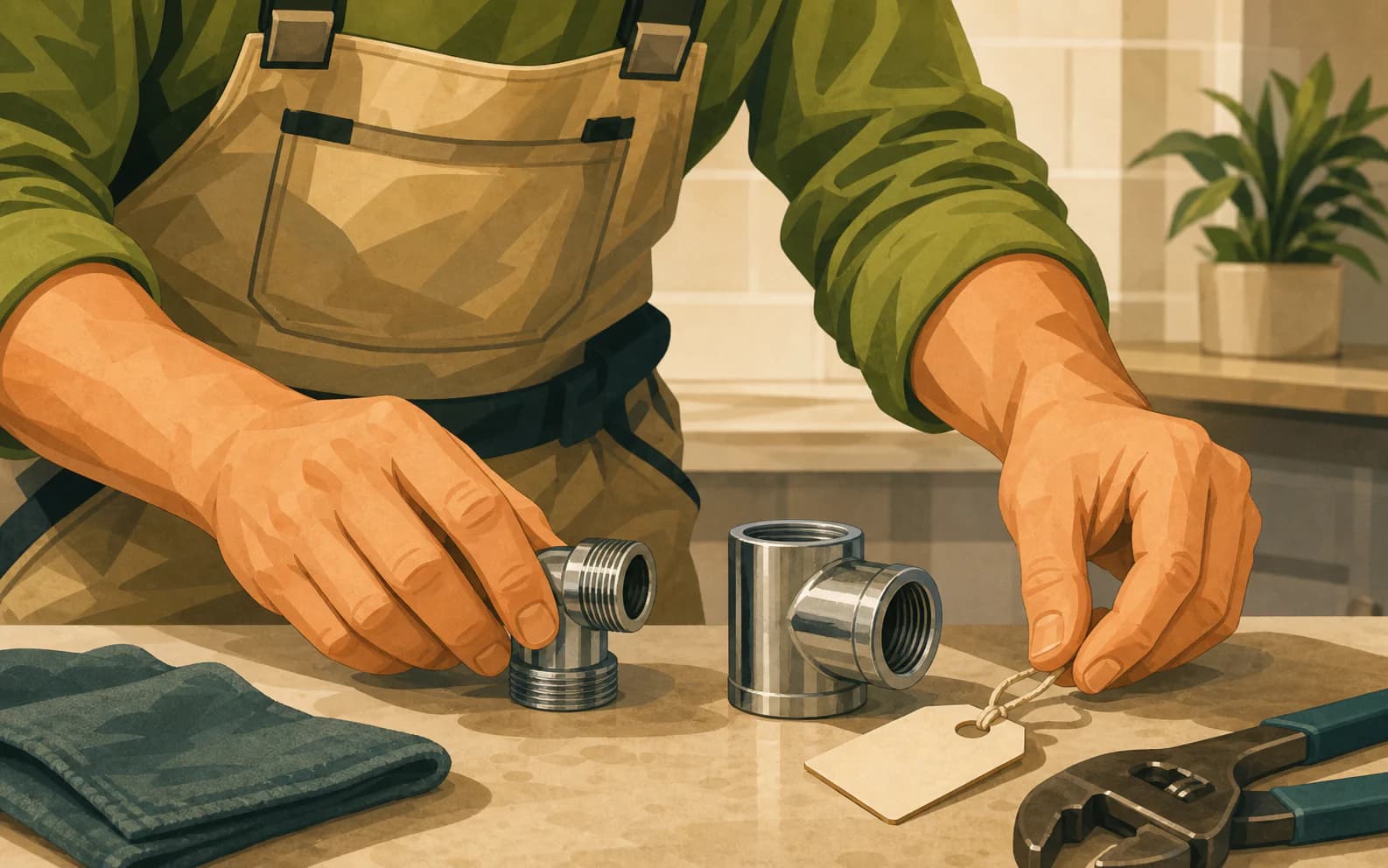 Plumbing technician organizing fittings after a completed repair, illustrating how source cleanup should connect digital citations to real location proof.