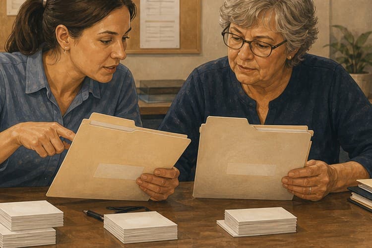 Operations lead and dispatcher comparing branch folders to choose the canonical local record