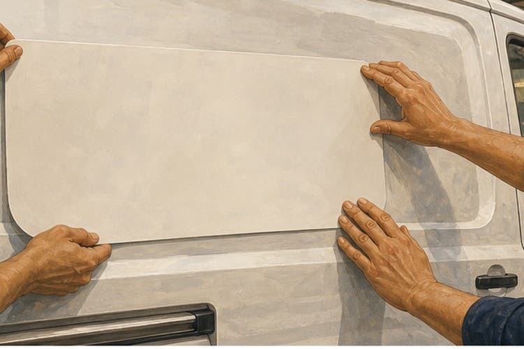 Hands aligning a blank replacement panel on a white service van during local identity cleanup