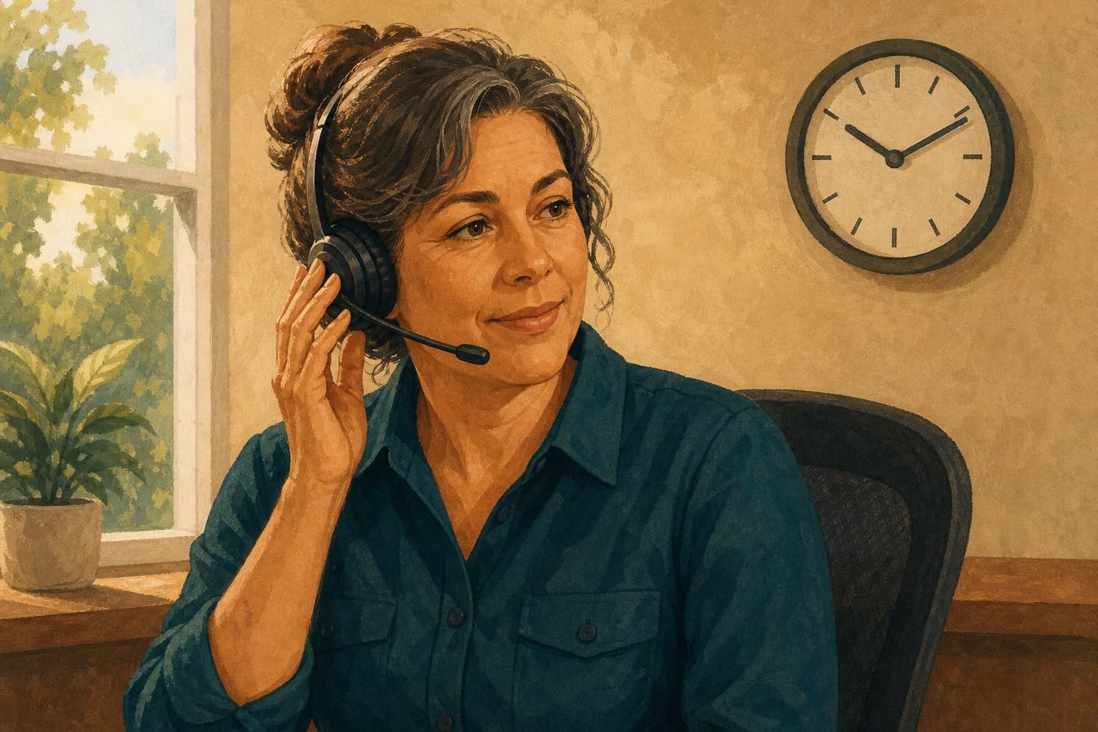 Home-services dispatcher verifying a booking call and branch hours