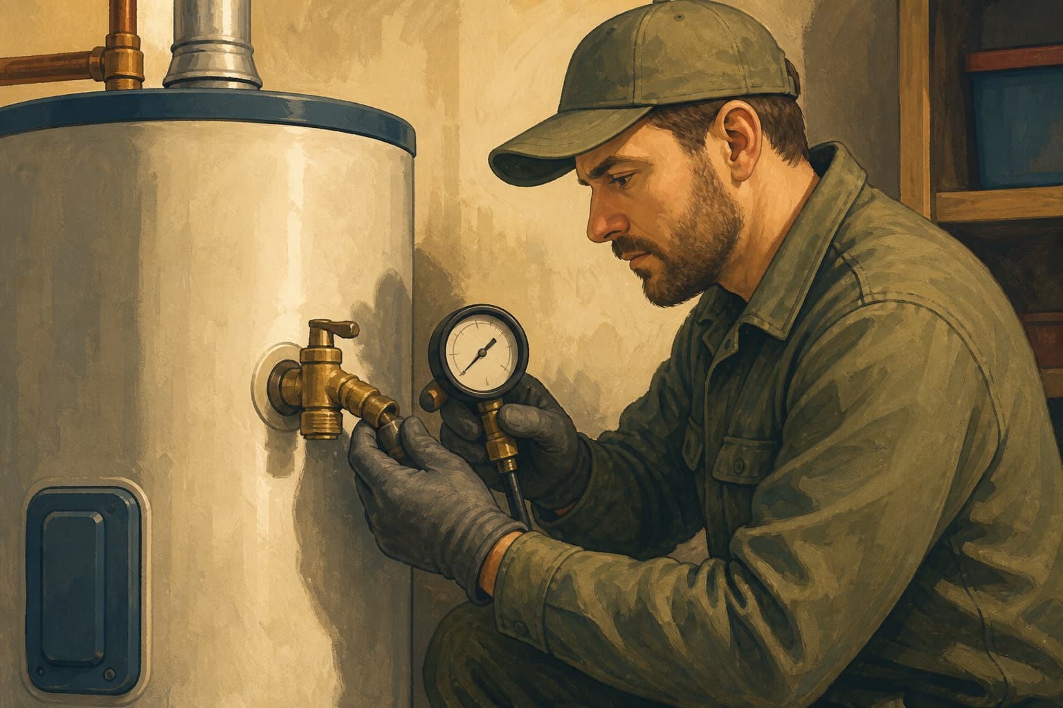 Plumbing technician testing a water-heater pressure valve