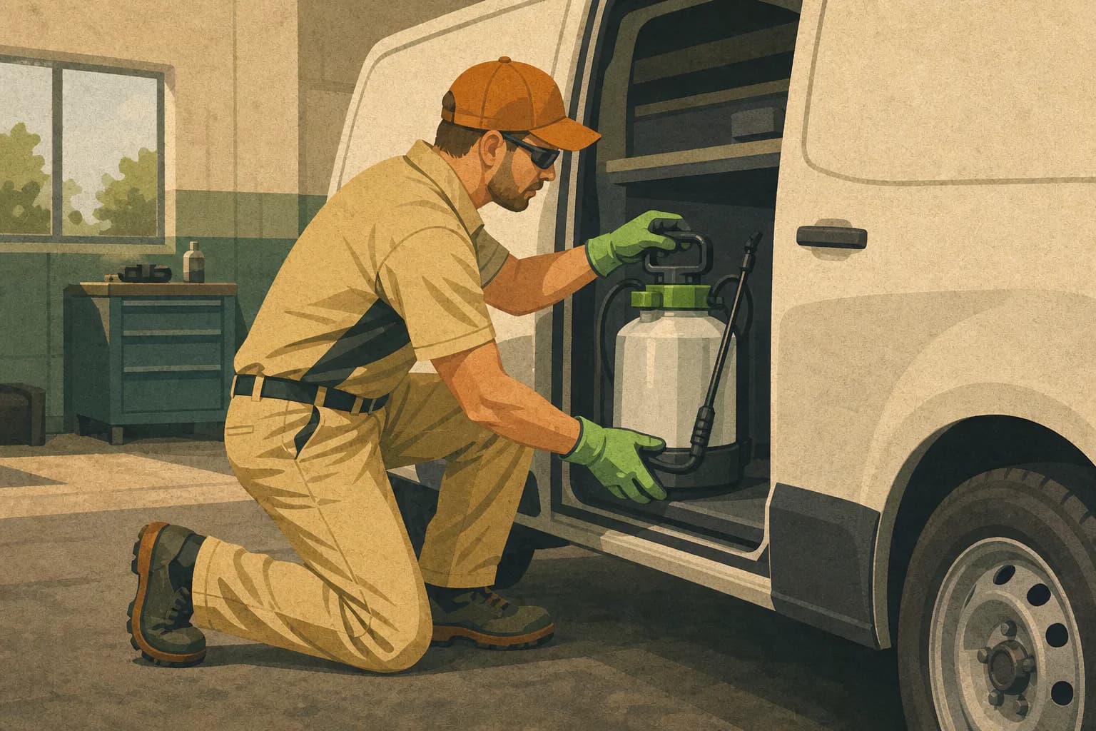 Pest-control technician loading a compact sprayer into an unbranded service van at a shared service bay