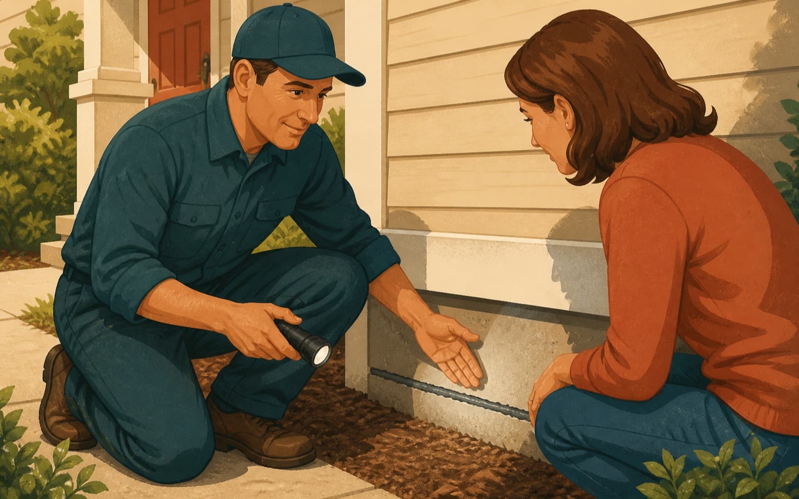 Pest control technician showing a sealed foundation gap to a homeowner