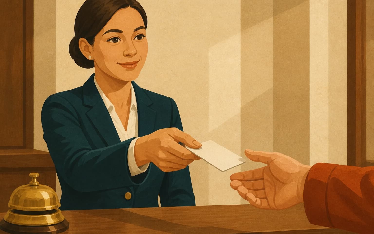 A hotel front-desk worker hands a key card to a guest, representing the customer handoff after an AI recommendation.