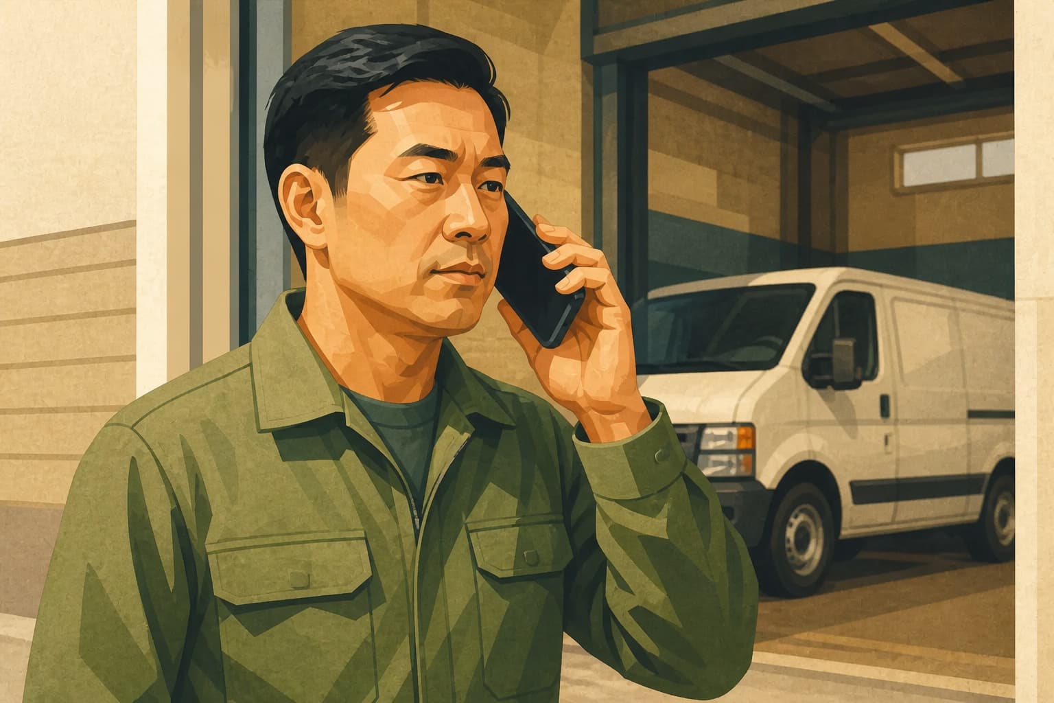 HVAC operations manager testing the public phone route from a service bay