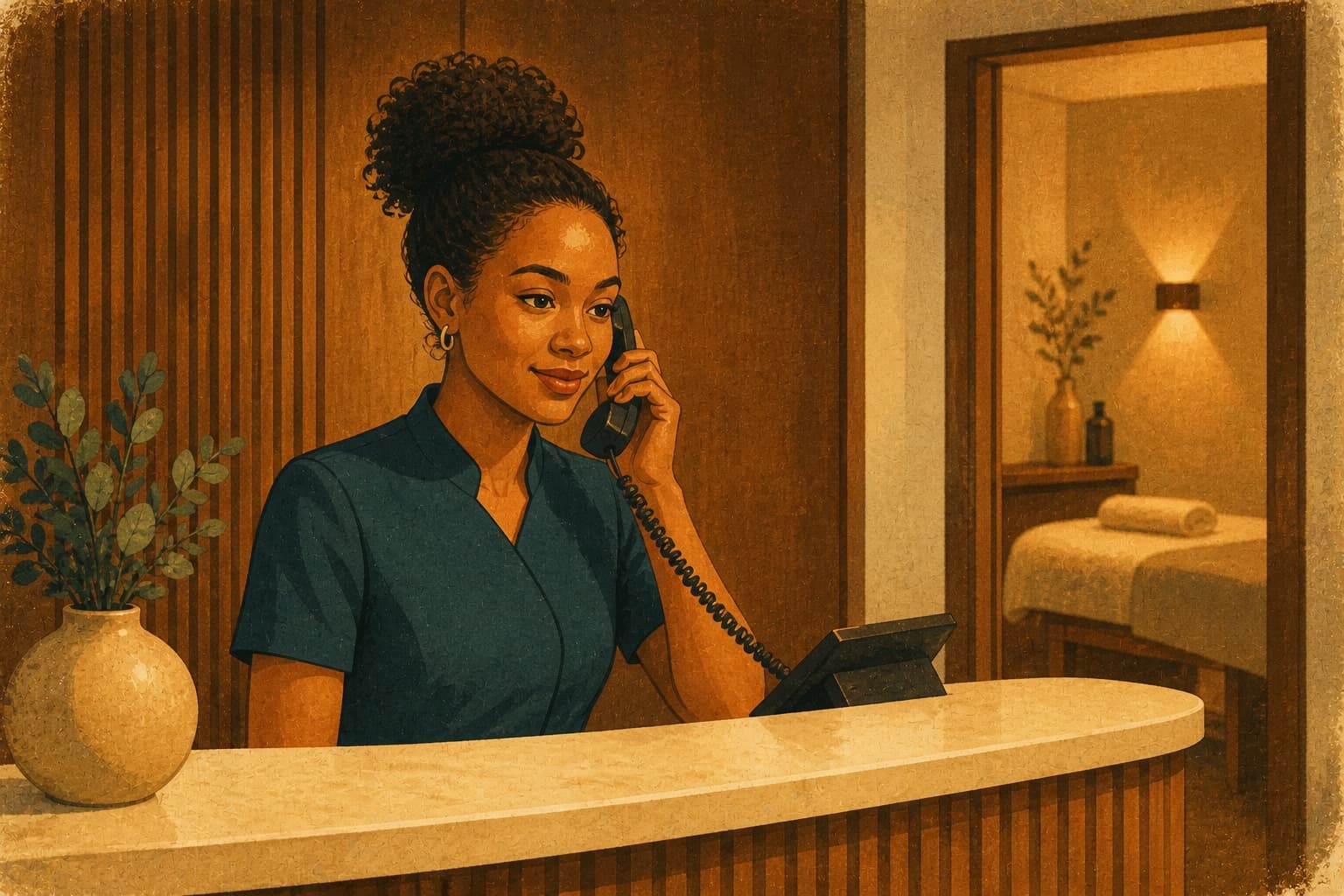 Med spa receptionist answering a booking call at the clinic counter