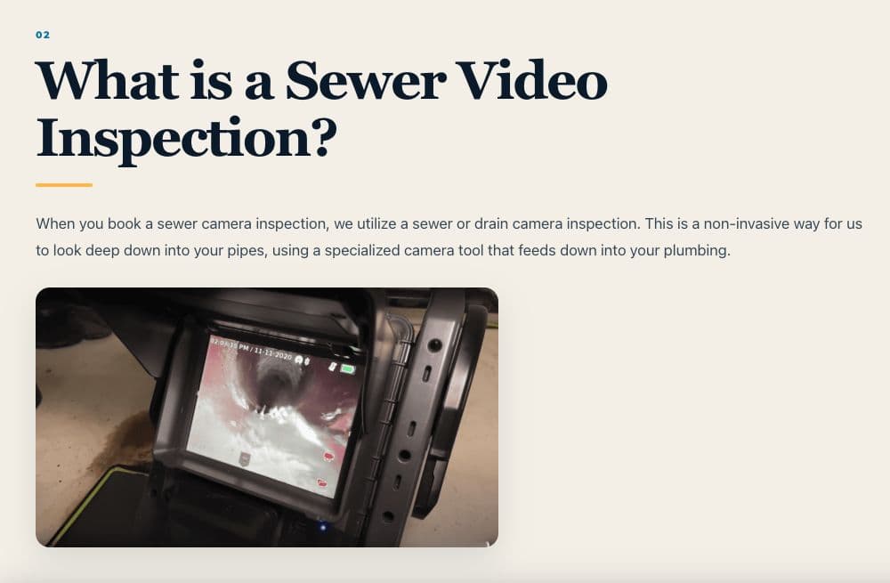 Elite Rooter's live website explains what a sewer video inspection is and pairs the explanation with a real camera-feed image.