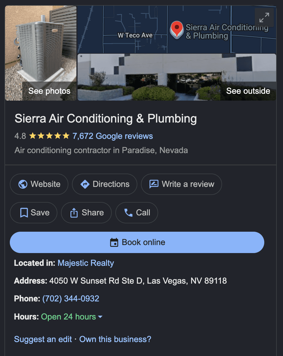 Sierra Air Conditioning and Plumbing Google Business Profile showing the Paradise address, 4.8 rating, and 7,672 reviews.