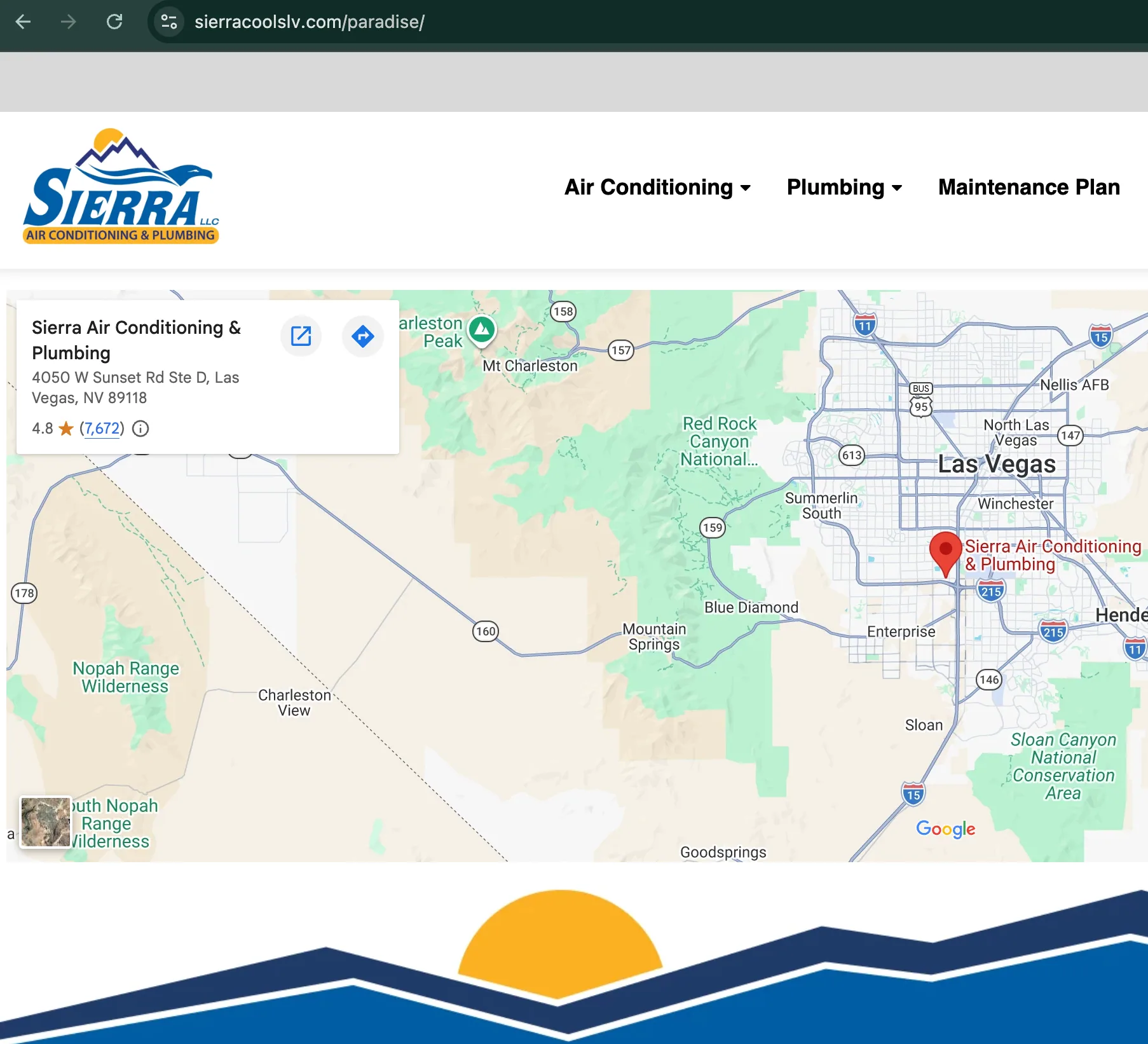 Sierra Paradise location page showing the same address, 4.8 rating, and 7,672-review count.