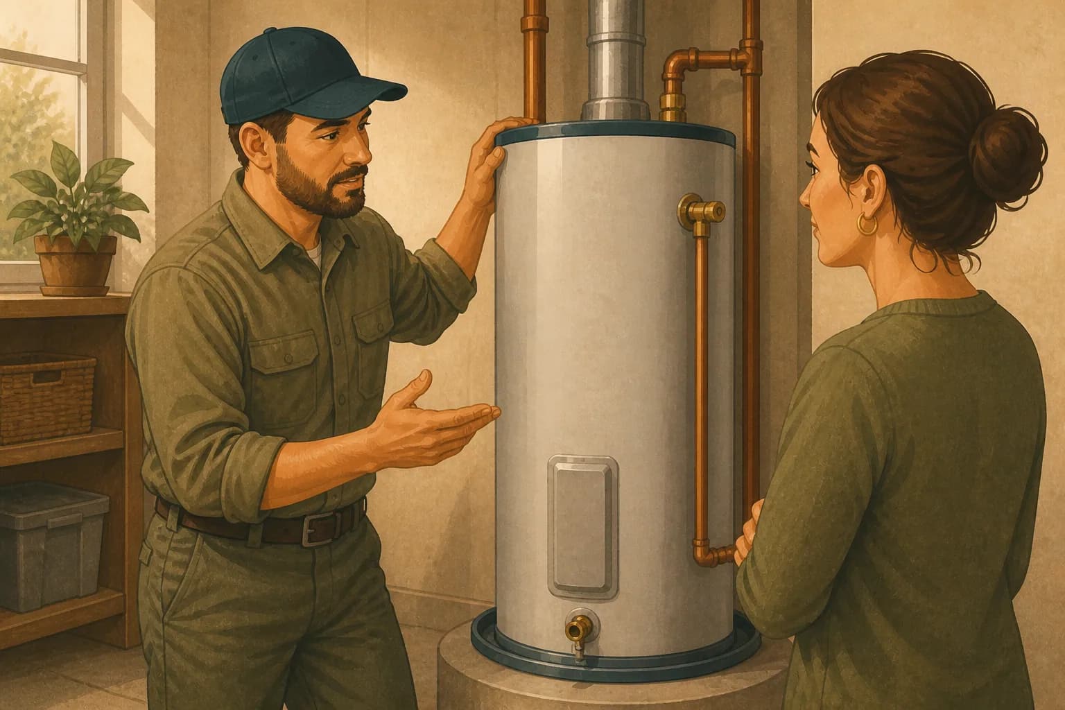 A plumber explains a completed water heater installation to a homeowner, showing the first-hand service experience that useful local content should reflect.